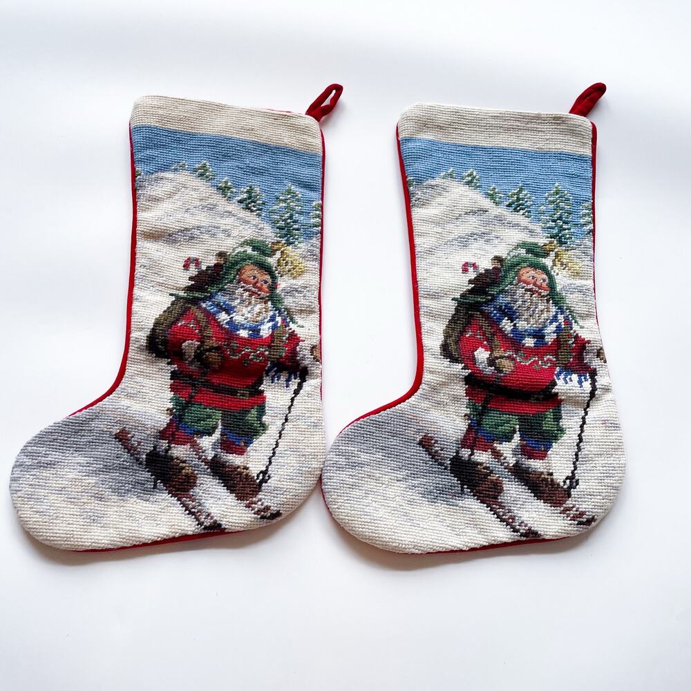 Vintage Needlepoint Christmas Stockings Skiing Santa Set of Two